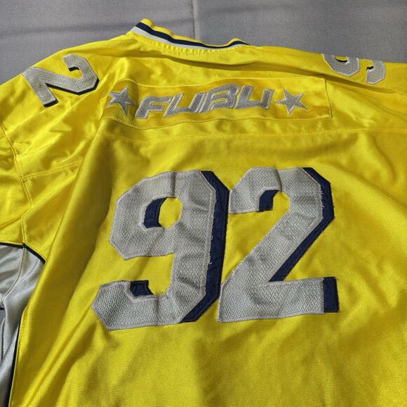 VTG FUBU 92 Football Jersey XL Yellow Silver 2000s Hip Hop Streetwear Rare - Picture 5 of 13